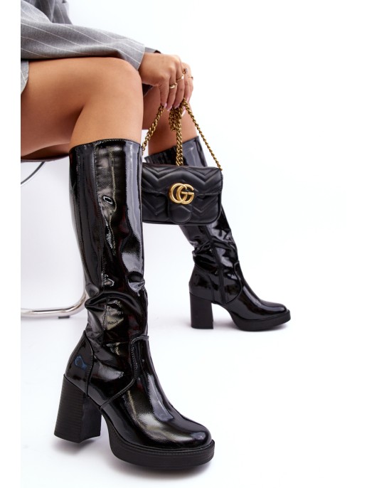 Women's Patent-Leather Boots On Heel Black Efatina
