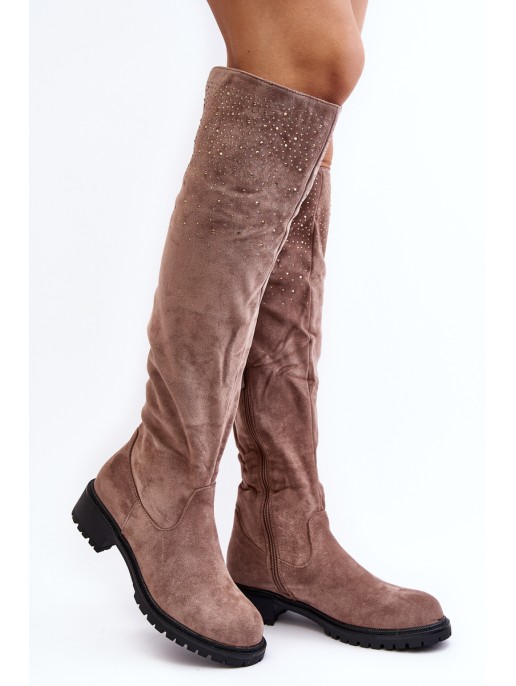 Women's Embellished Over-The-Knee Boots with Flat Heel Beige Cintya