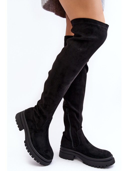 Women's Flat Heel Over-the-Knee Boots Black Silune