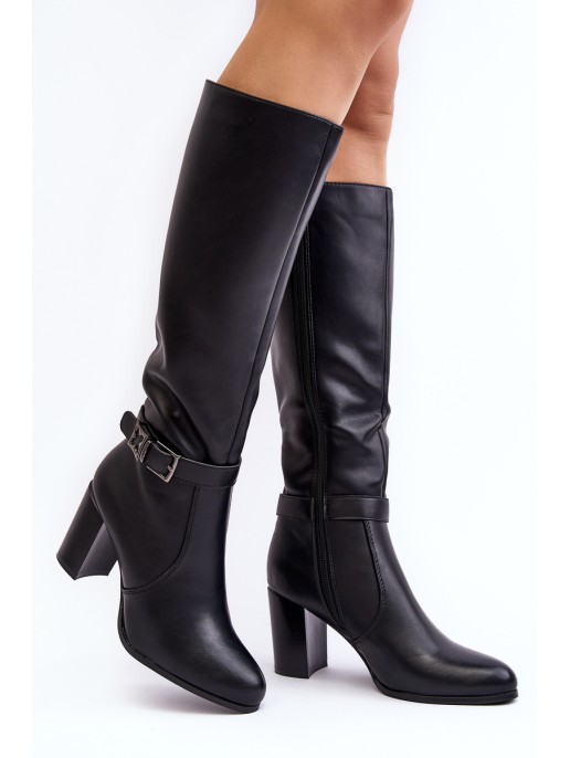 Women's Knee-high Boots with Buckle and Faux Fur Black Sendilia