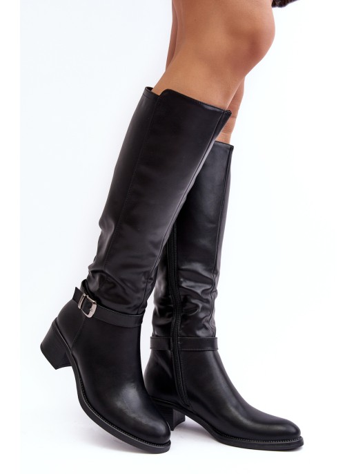 Women's Black Knee High Flat Heel Boots Bafiske