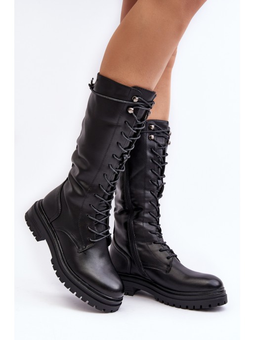 Women's mid-calf lace-up black combat boots Elavettsa