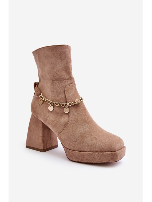 Women's Ankle Boots with Chunky Heel and Chain Beige Tiselo