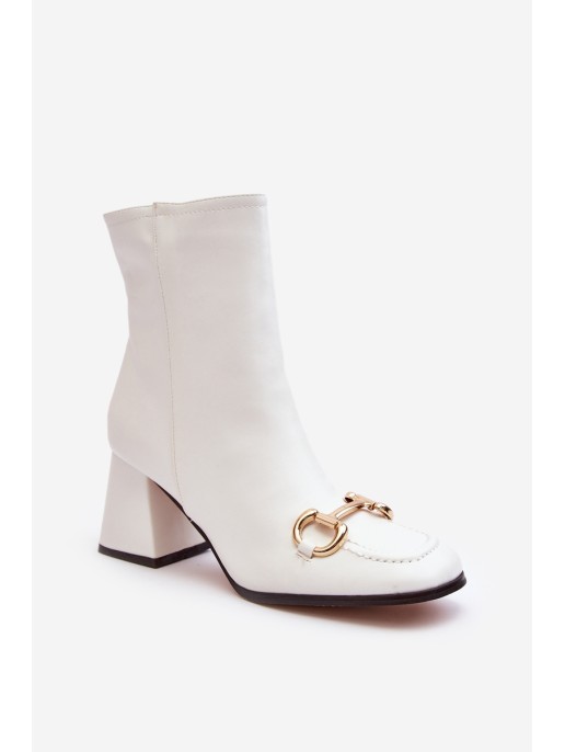 White Leather Ankle Boots with Heel Decoration Pamelinta