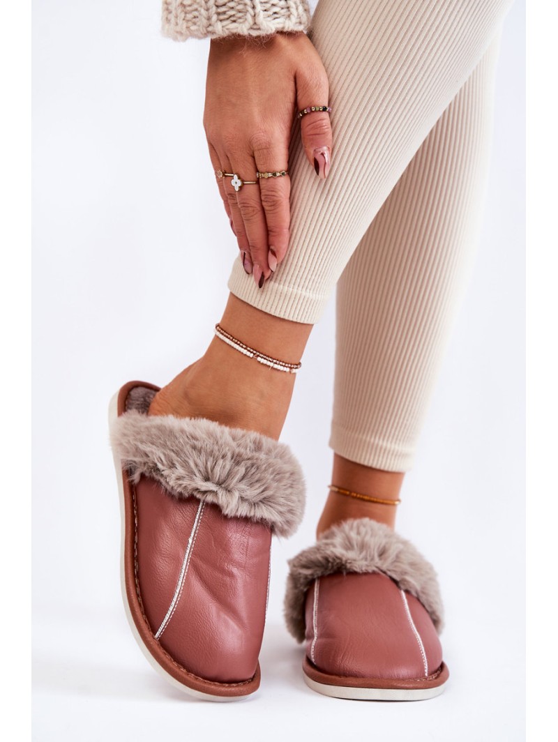 Women's Leather Slippers With Fur Dark pink Rossa