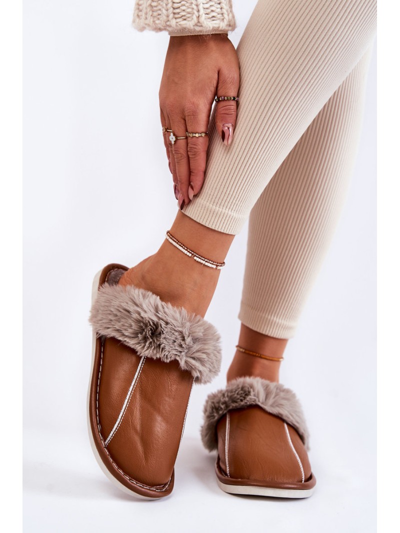 Women's Leather Slippers With Fur Brown Rossa