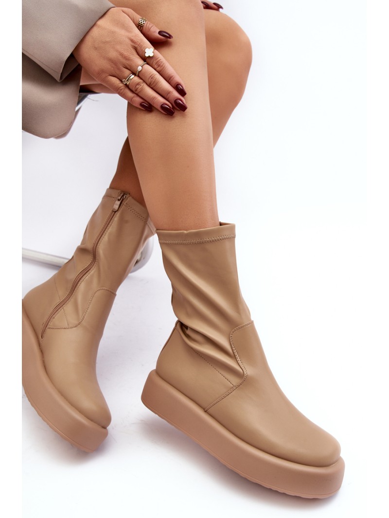 Women's Platform Ankle Boots in Beige Faux Leather Algedi