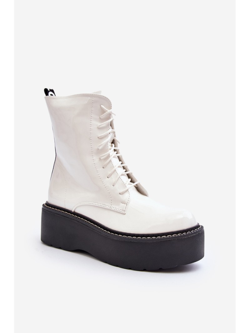 Women's White Patent Leather Boots with Chunky Sole Movana